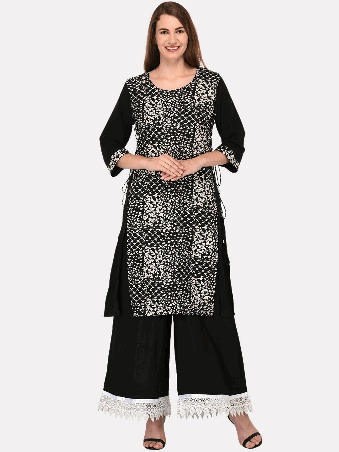

KALINI Women Black & White Geometric Printed Kurta