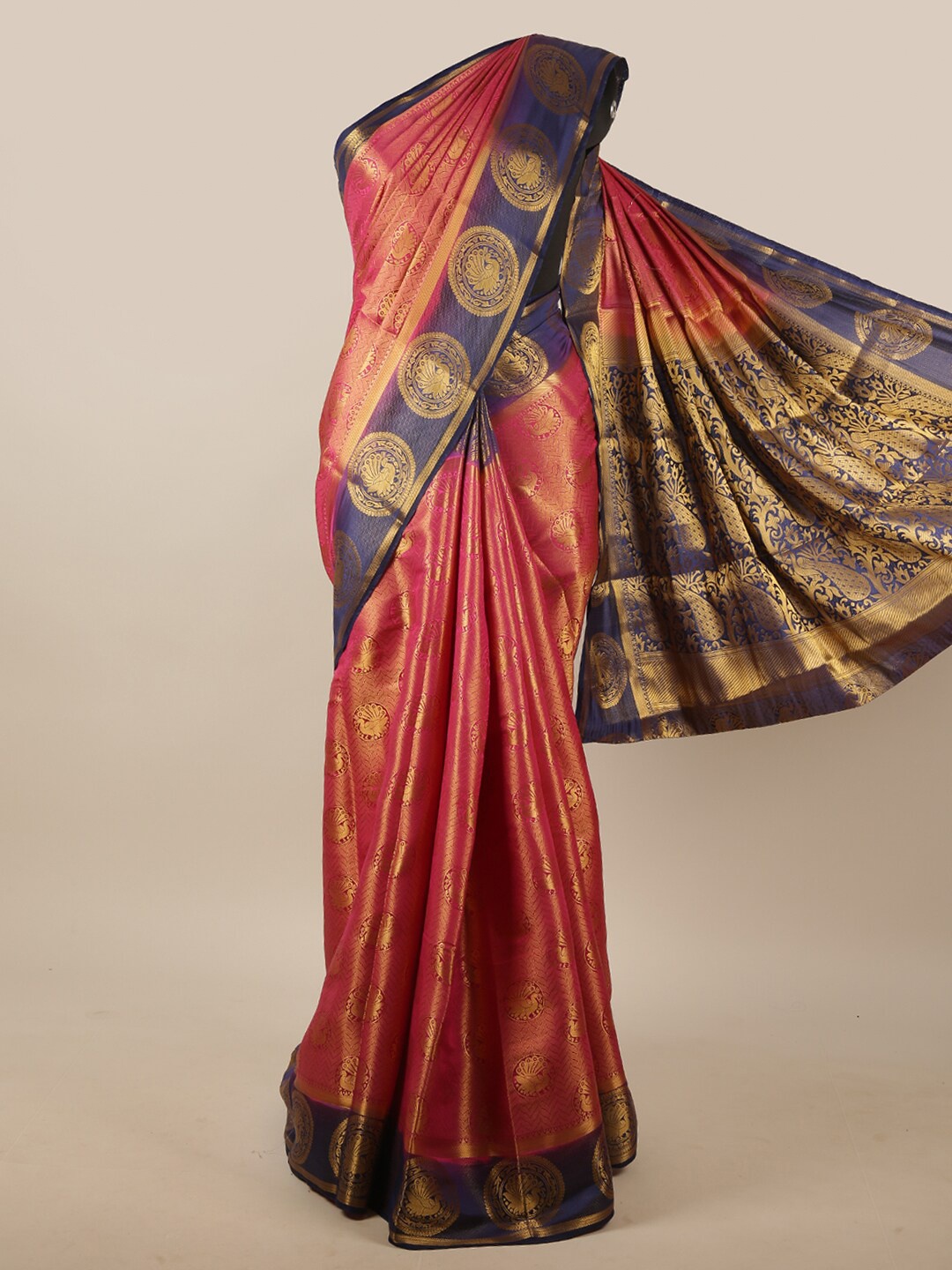 

Pothys Pink & Navy Blue Woven Design Jute Silk Saree