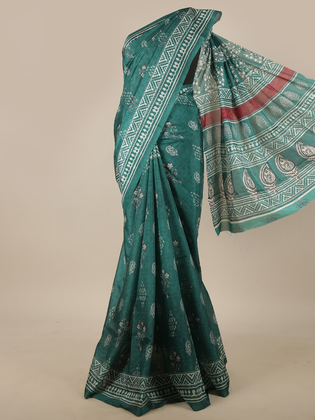 

Pothys Green & White Ethnic Motifs Jute Silk Saree