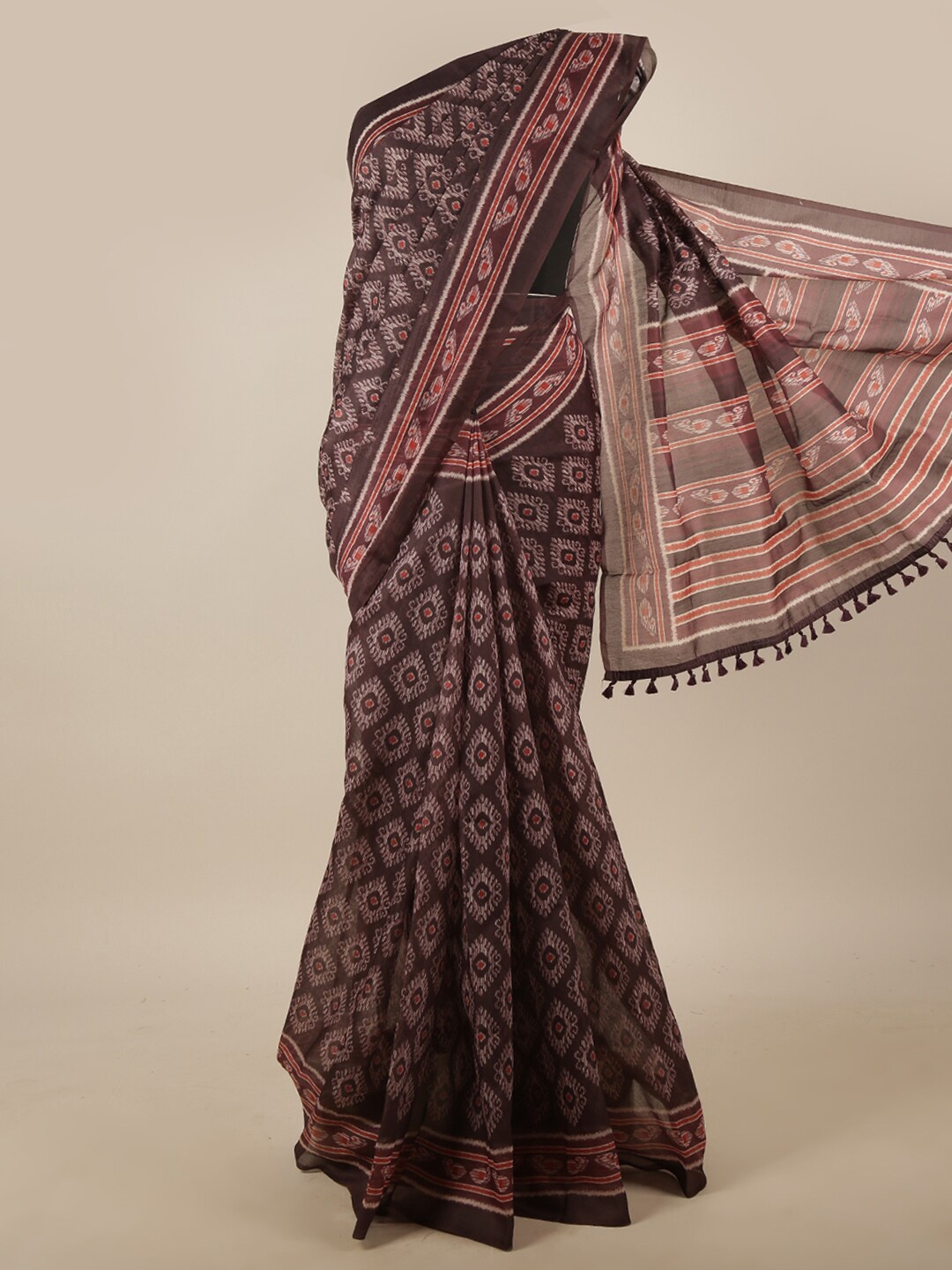 

Pothys Brown & Red Ethnic Motifs Jute Silk Saree