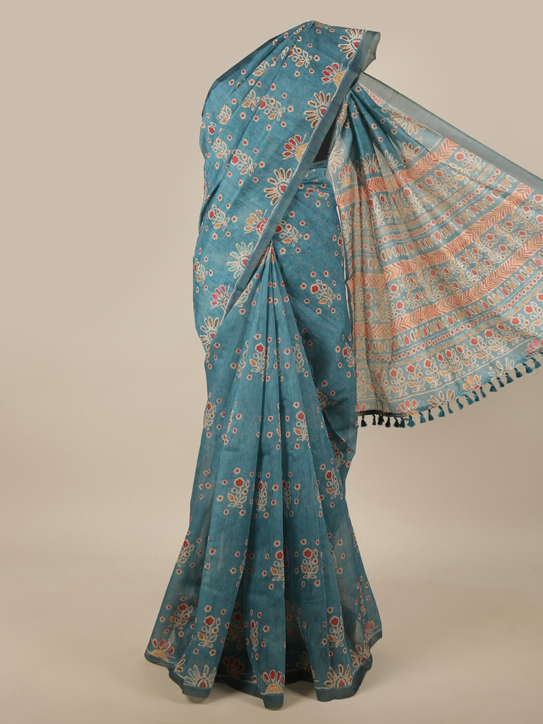 

Pothys Blue & Red Floral Jute Silk Saree
