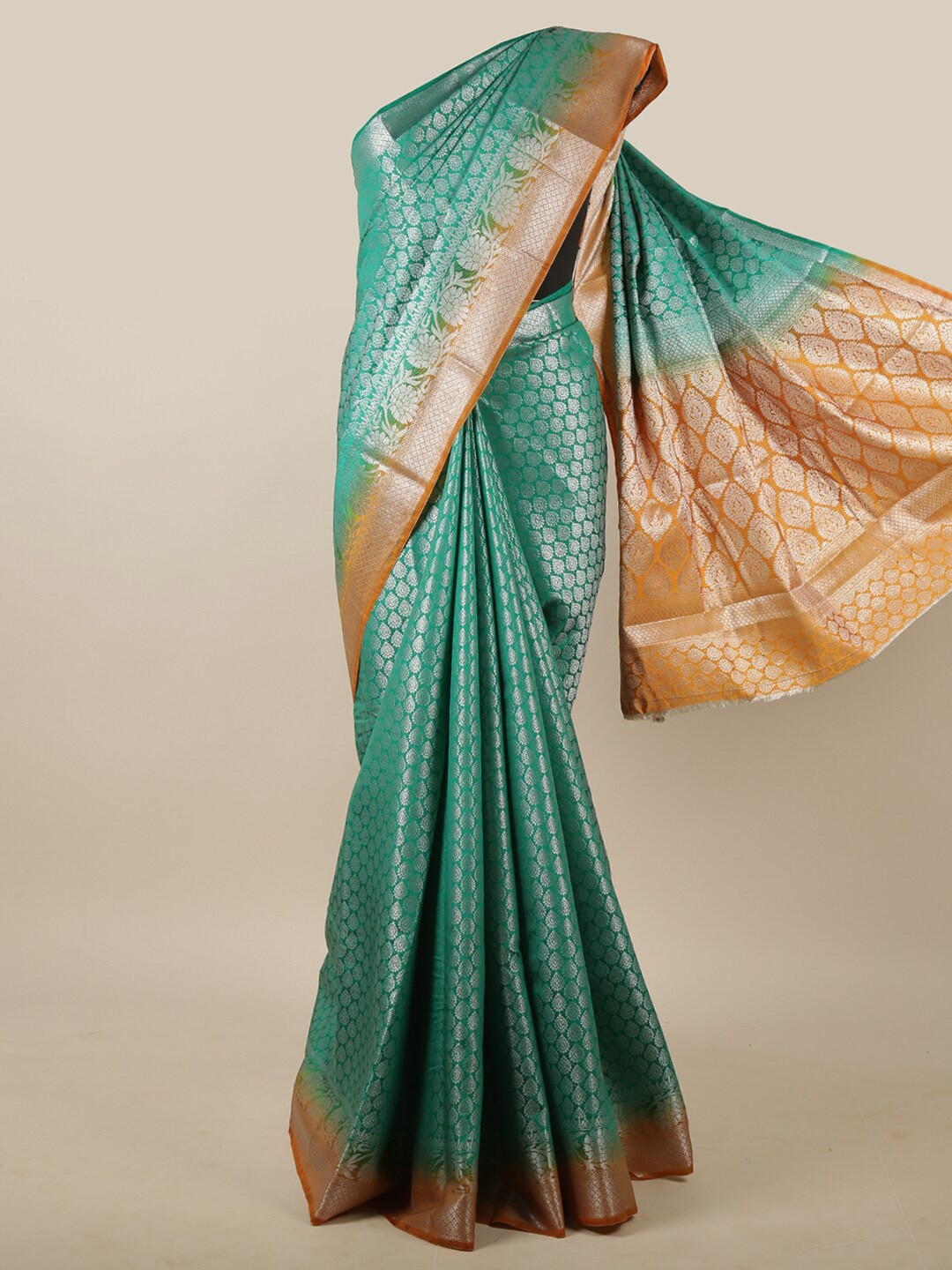 

Pothys Green & Orange Woven Design Zari Jute Silk Saree