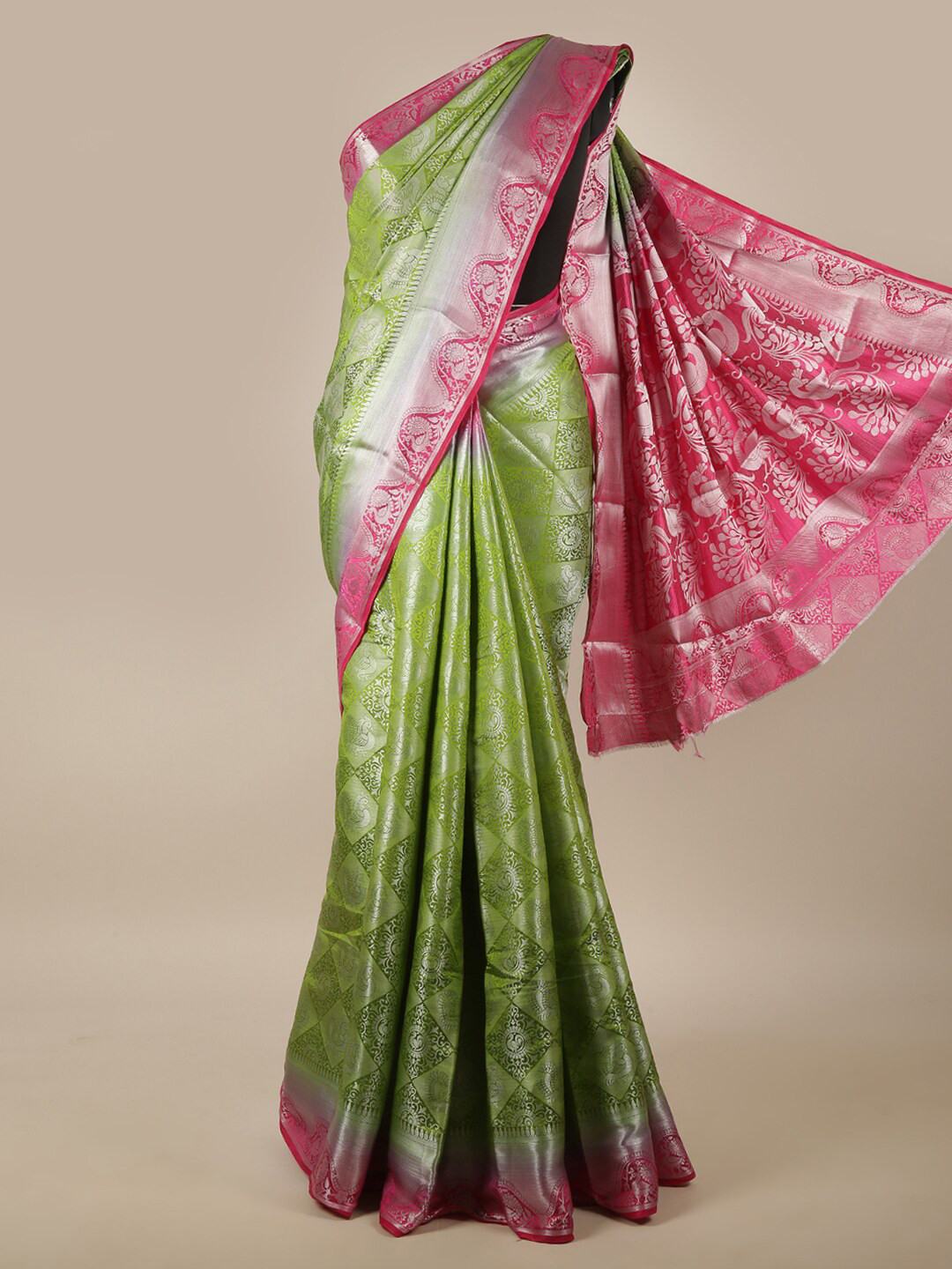 

Pothys Green, Silver-Toned & Pink Ethnic Motifs Zari Jute Silk Saree