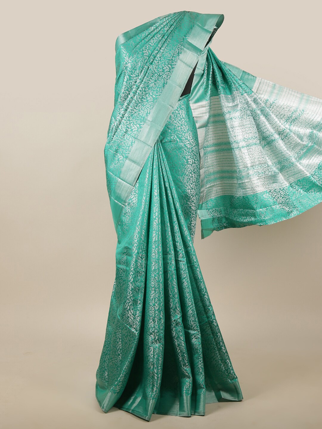 

Pothys Green & Silver-Toned Woven Design Jute Silk Saree