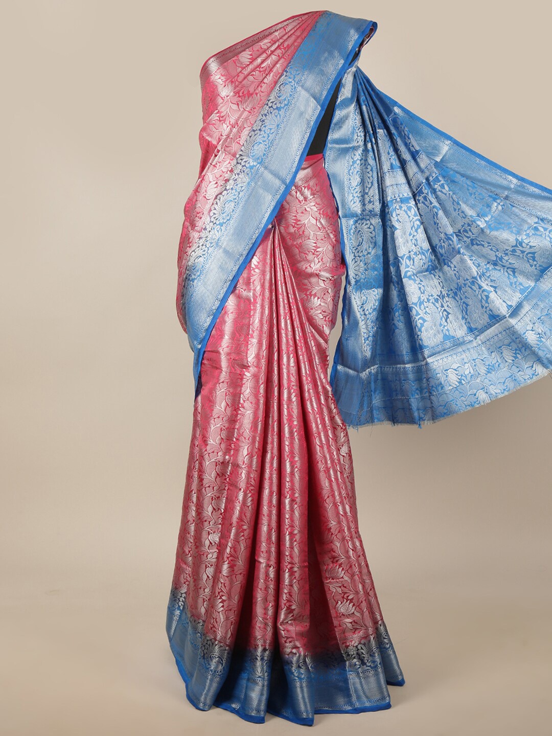 

Pothys Pink & Blue Floral Zari Jute Silk Saree