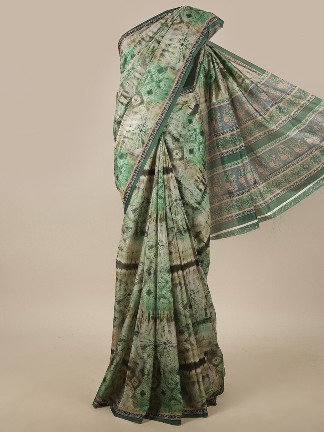 

Pothys Green & Beige Tie and Dye Jute Silk Saree