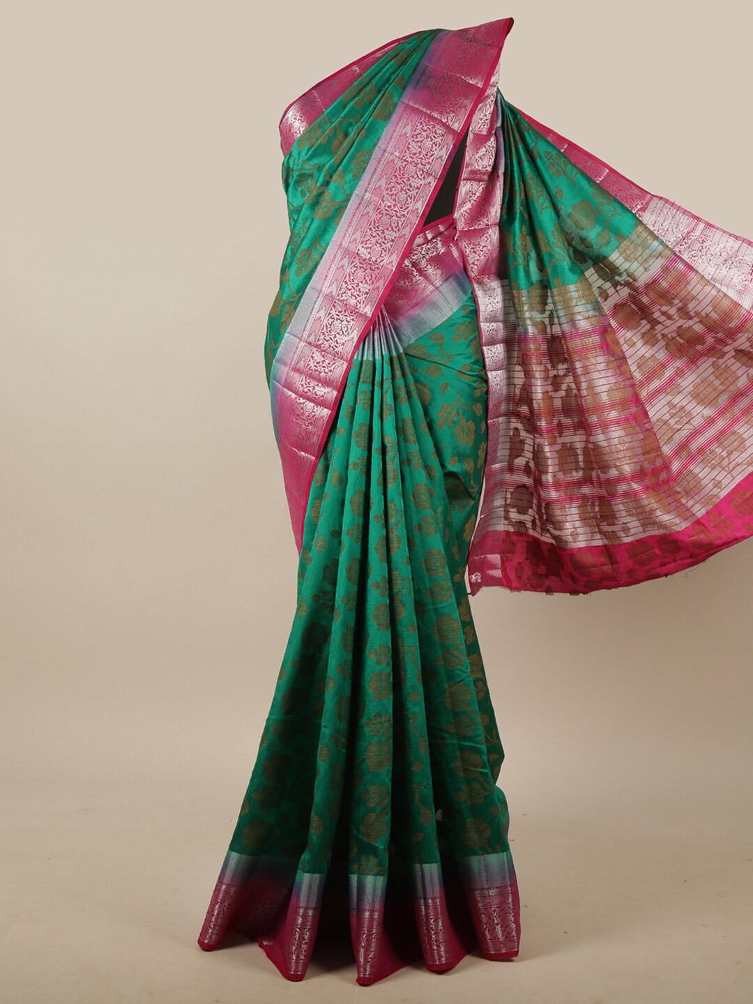 

Pothys Green & Pink Woven Design Jute Silk Saree