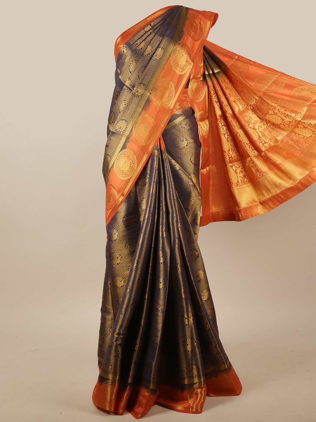 

Pothys Blue & Orange Woven Design Zari Jute Silk Saree