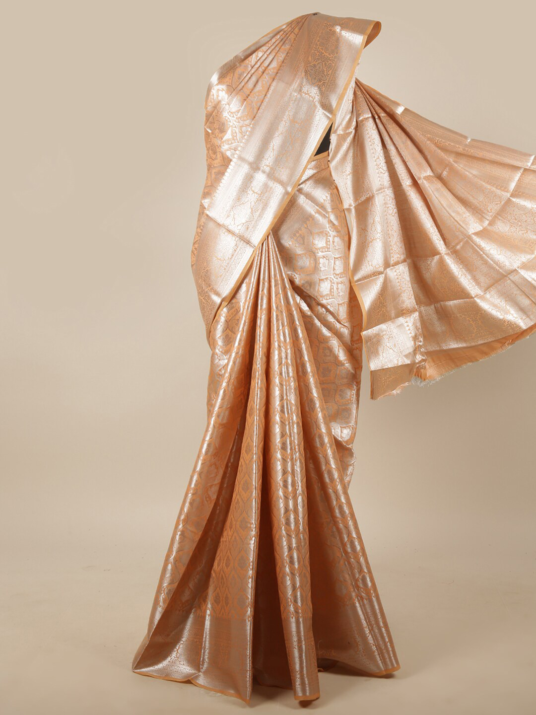 

Pothys Peach & Silver-Toned Woven Design Jute Silk Saree