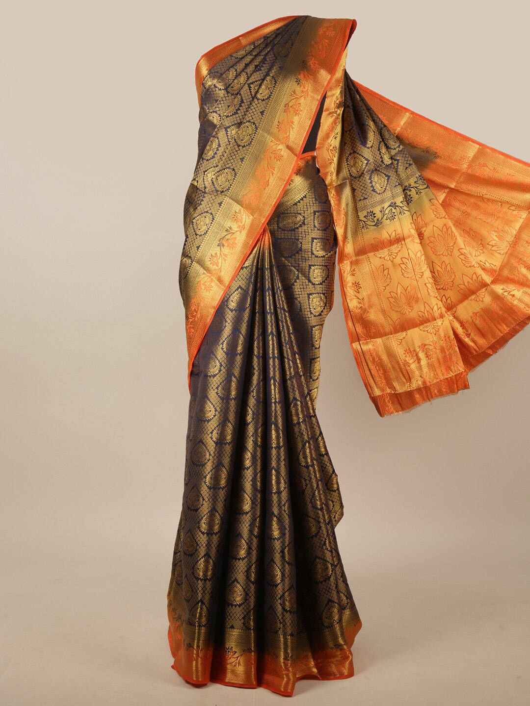 

Pothys Blue & Orange Woven Design Zari Jute Silk Saree