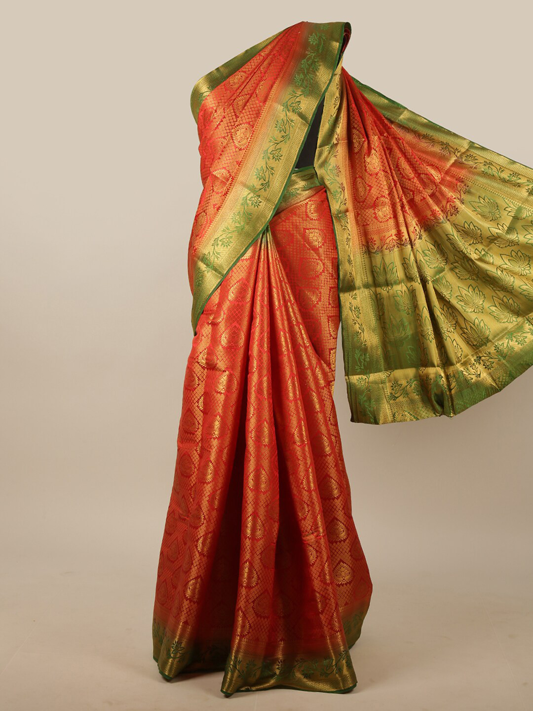 

Pothys Orange & Green Woven Design Zari Jute Silk Saree