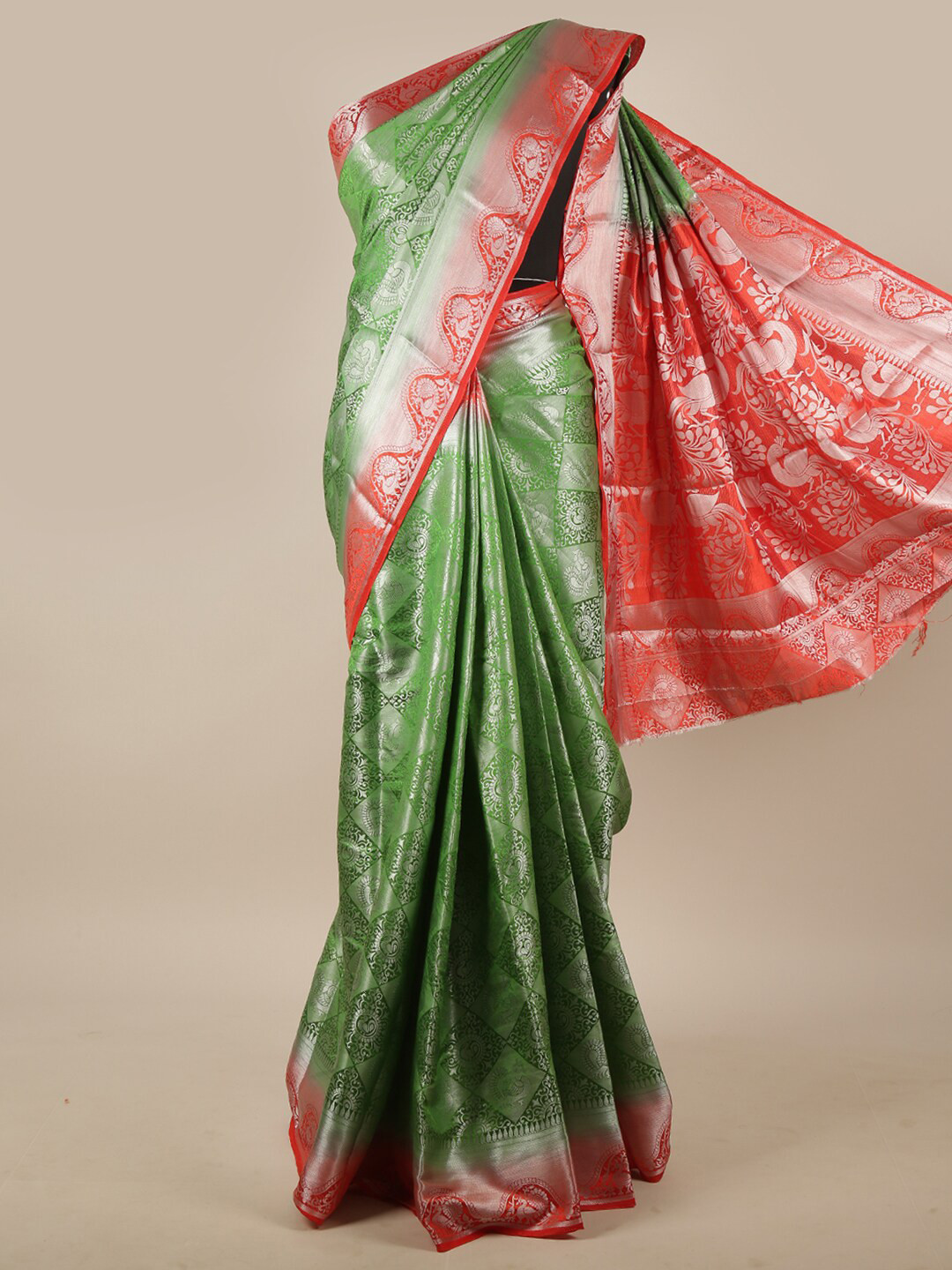 

Pothys Green & Pink Ethnic Motifs Zari Jute Silk Saree