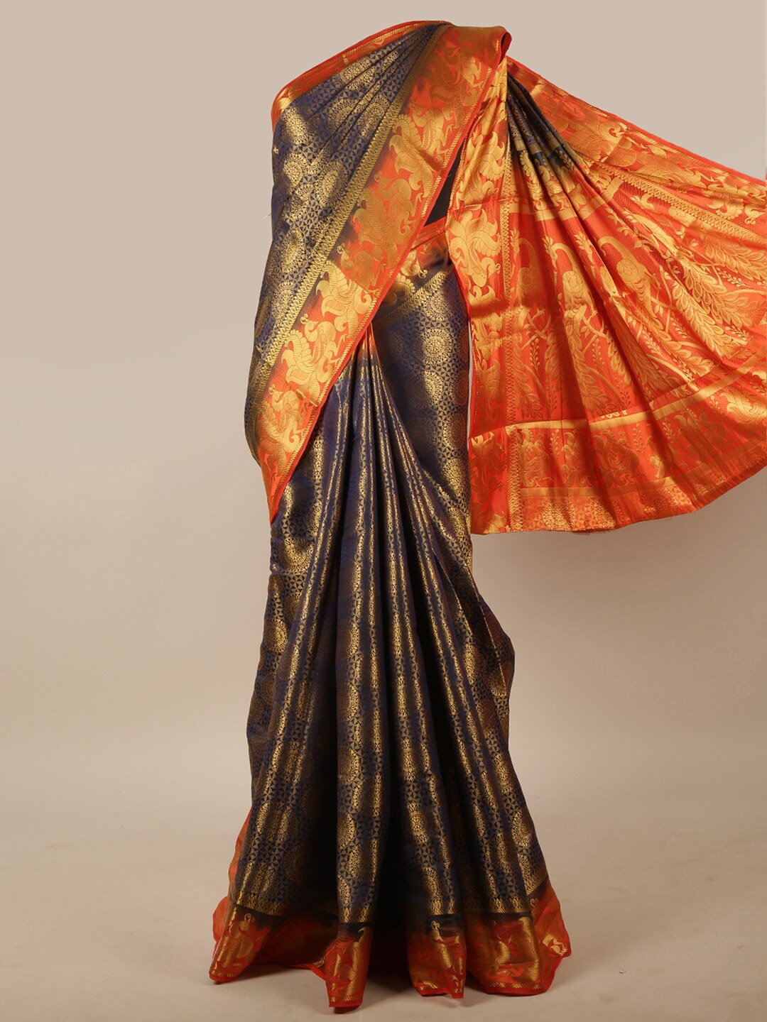 

Pothys Blue & Orange Ethnic Motifs Zari Jute Silk Saree