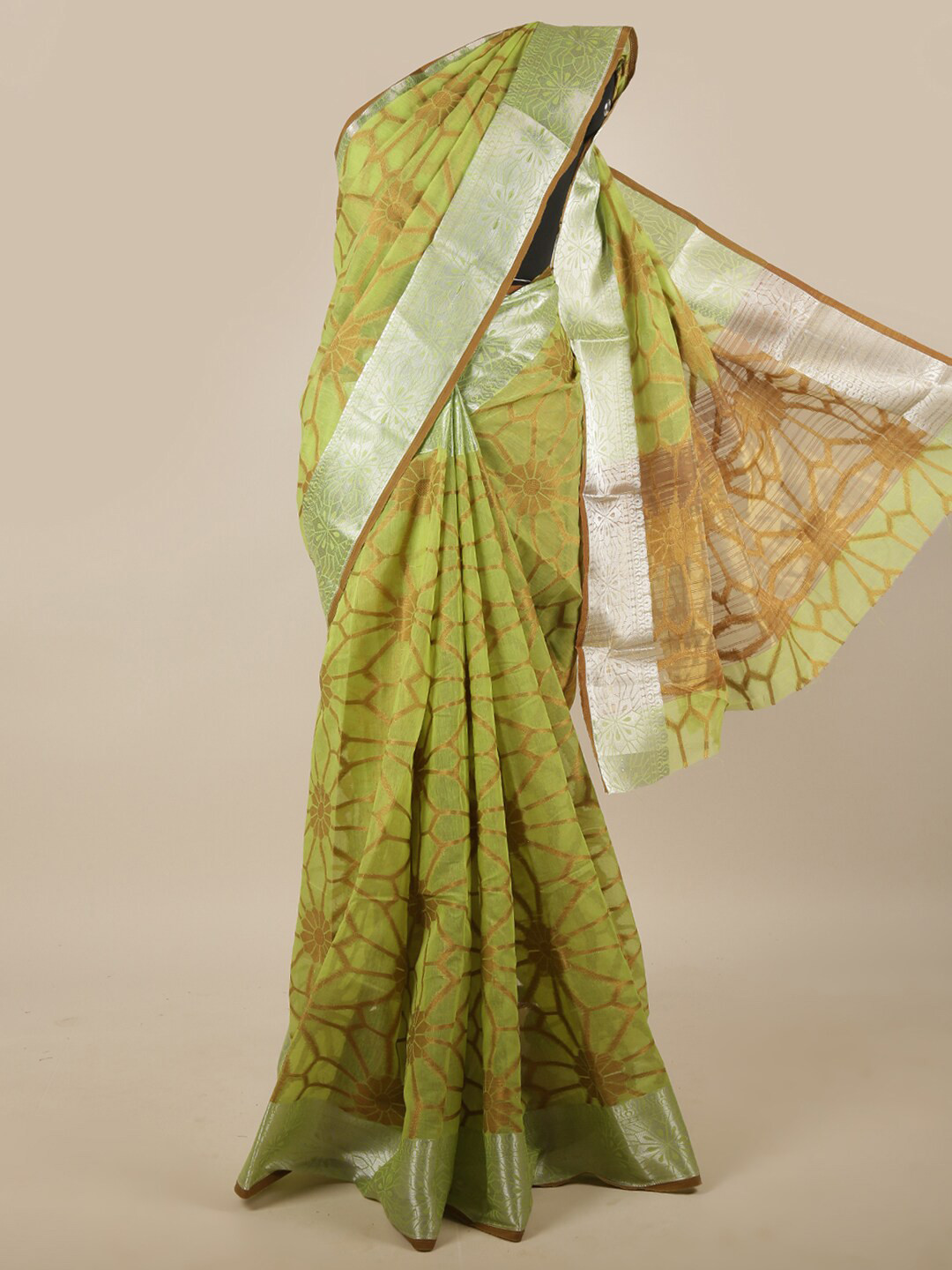 

Pothys Green & Silver-Toned Floral Zari Jute Silk Ready to Wear Saree