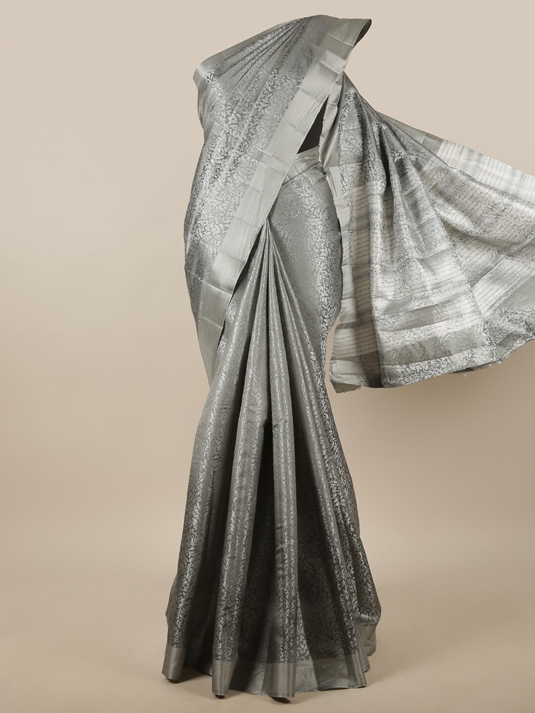 

Pothys Grey & Silver-Toned Woven Design Zari Jute Silk Saree