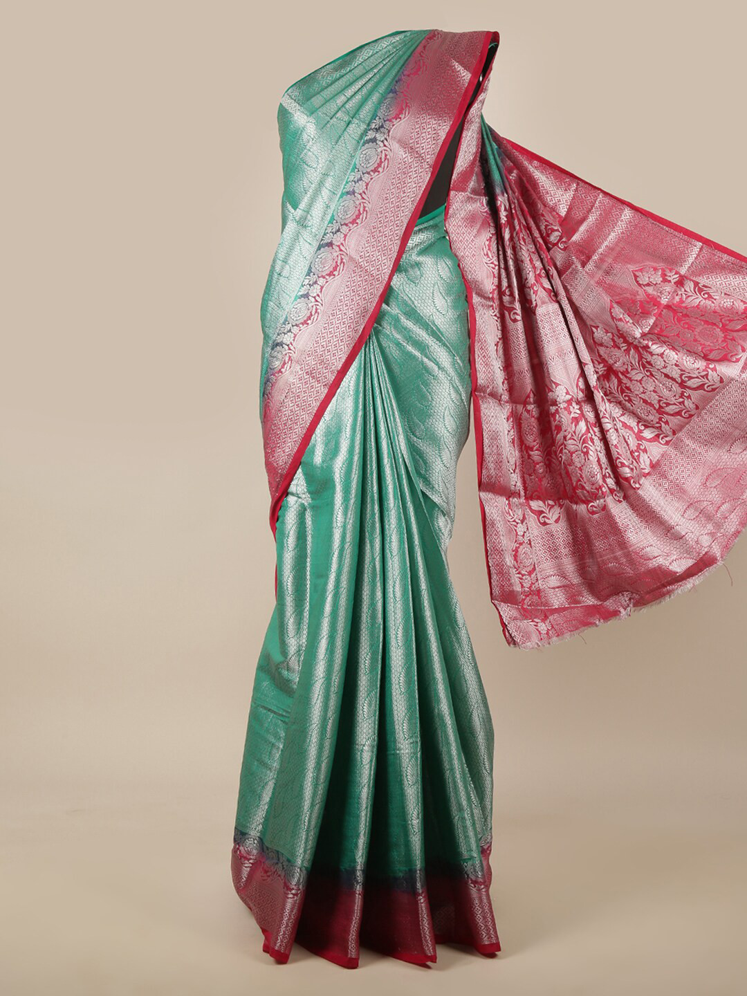 

Pothys Green & Red Ethnic Motifs Zari Jute Silk Saree