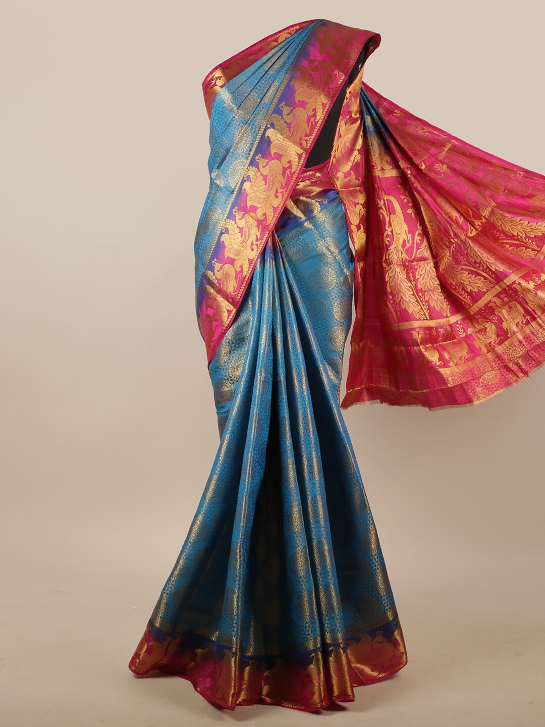 

Pothys Blue & Magenta Gold-Toned Woven Design Jute Silk Saree