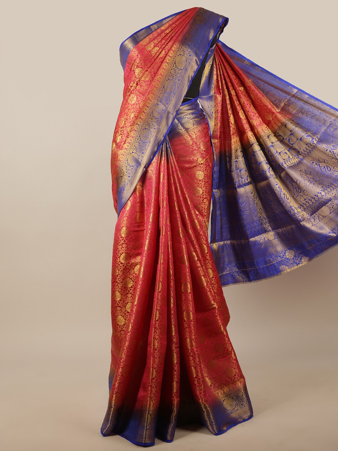 

Pothys Red & Blue Floral Zari Jute Silk Saree