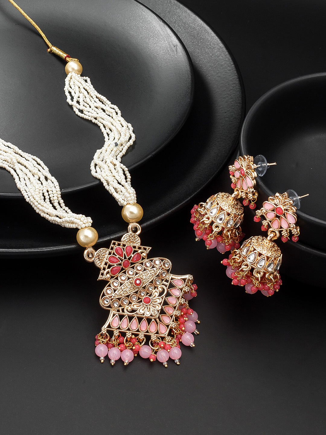 

aadita Gold-Plated & White Beaded Temple Jewellery Set