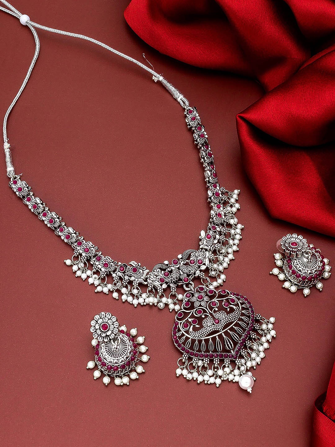 

aadita White & Pink Silver-Plated Stone-Studded & Pearl Beaded Jewellery Set