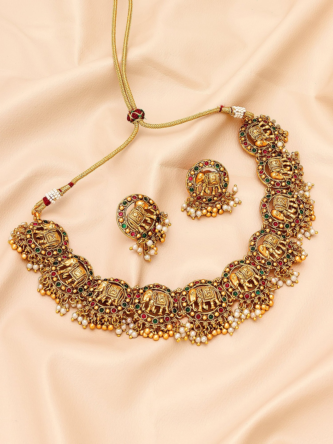 

aadita Gold-Plated Green & Red Stone-Studded White Pearl Beaded Temple Jewellery Set