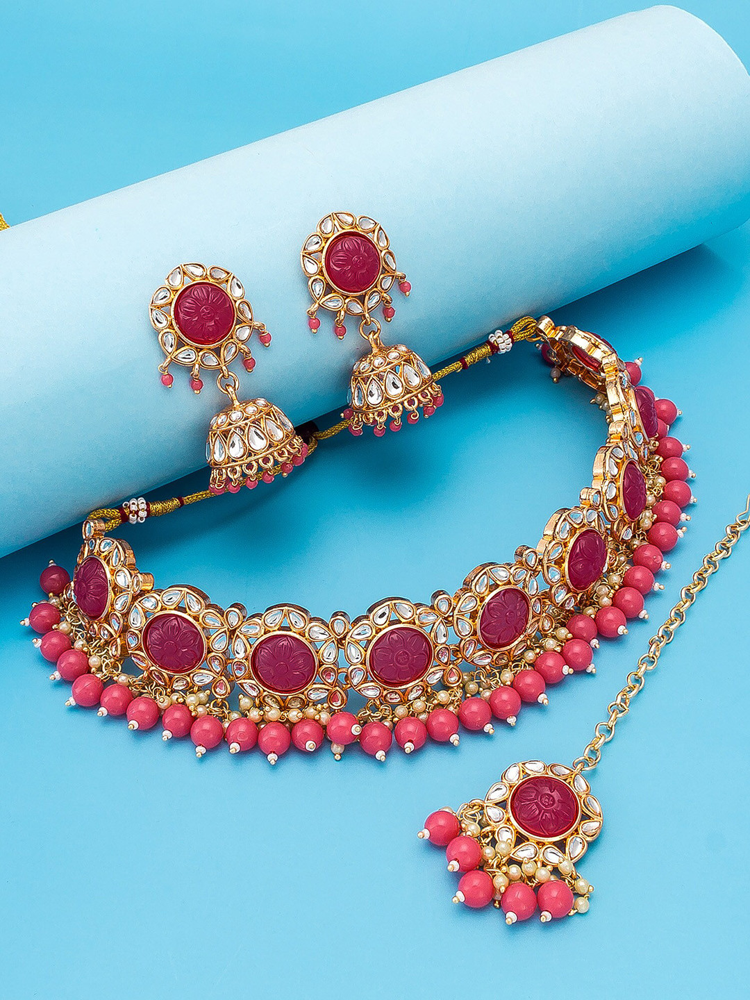 

aadita Gold-Plated White & Pink Stone-Studded & Pearl Beaded Temple Jewellery Set