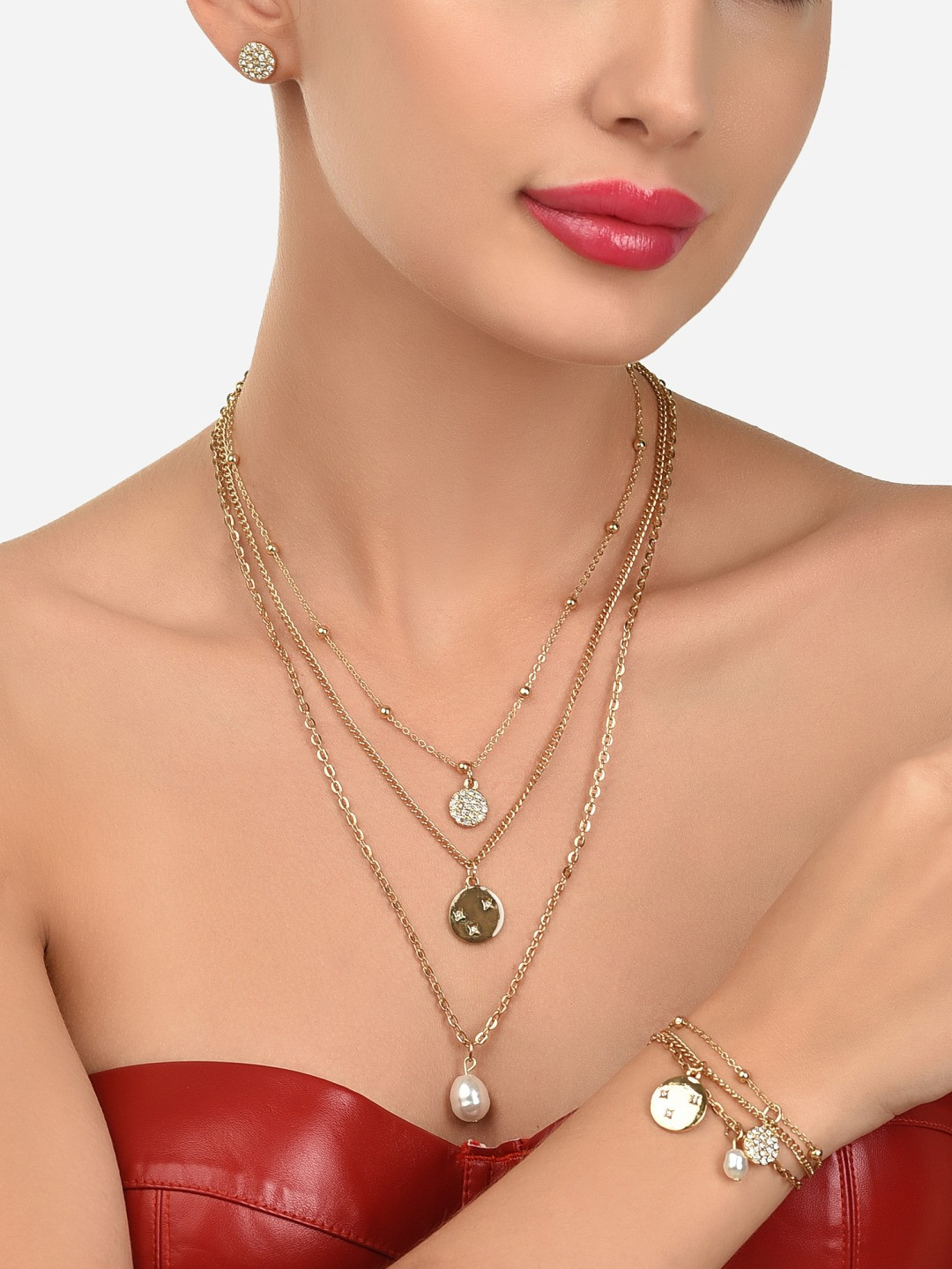 

AMI Women Gold-Toned Layered Jewellery Set with Charm Bracelet