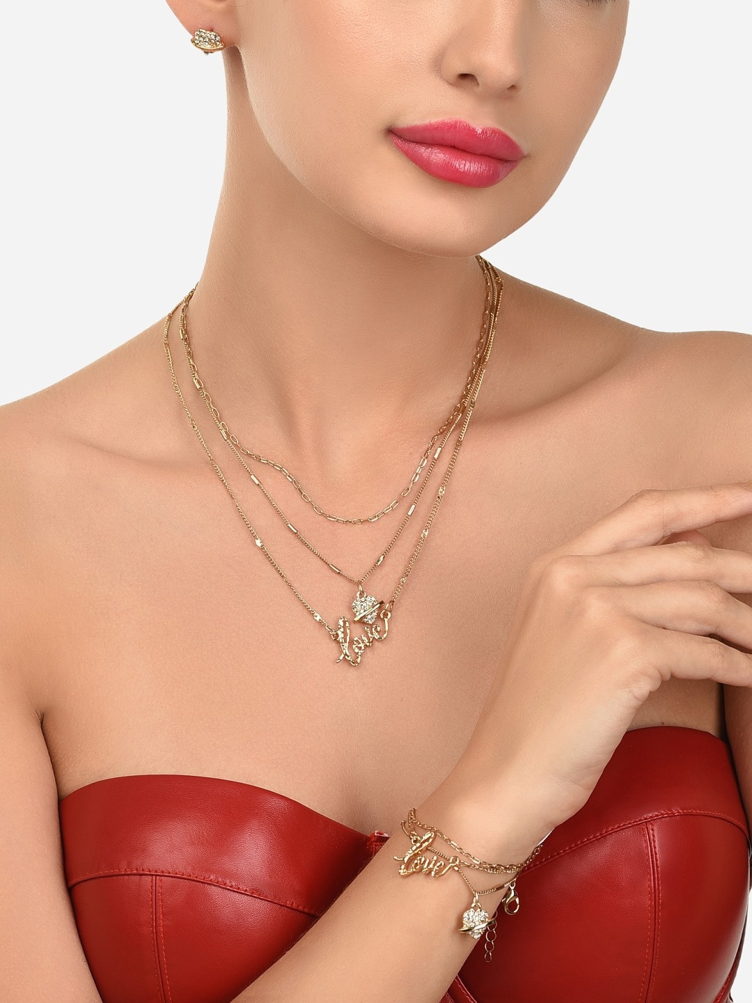 AMI Gold-Toned Gold-Plated 3-Layered Necklace With Earrings & Bracelet
