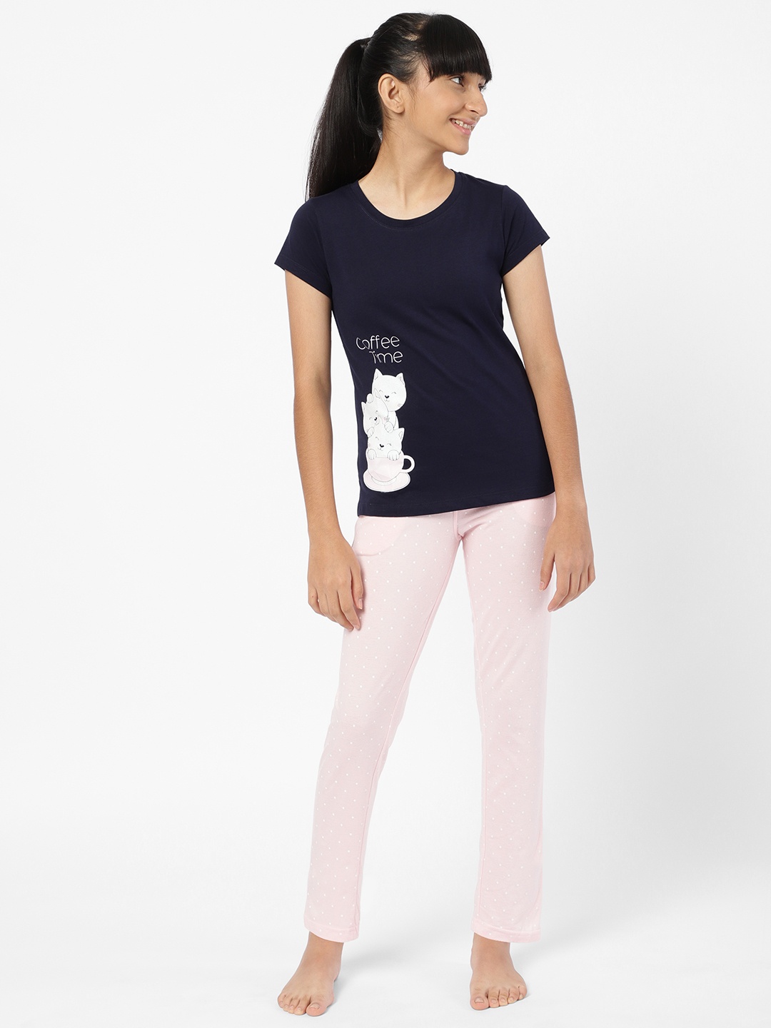 

Sweet Dreams Girls Navy Blue & Pink Cartoon Character Printed Night suit