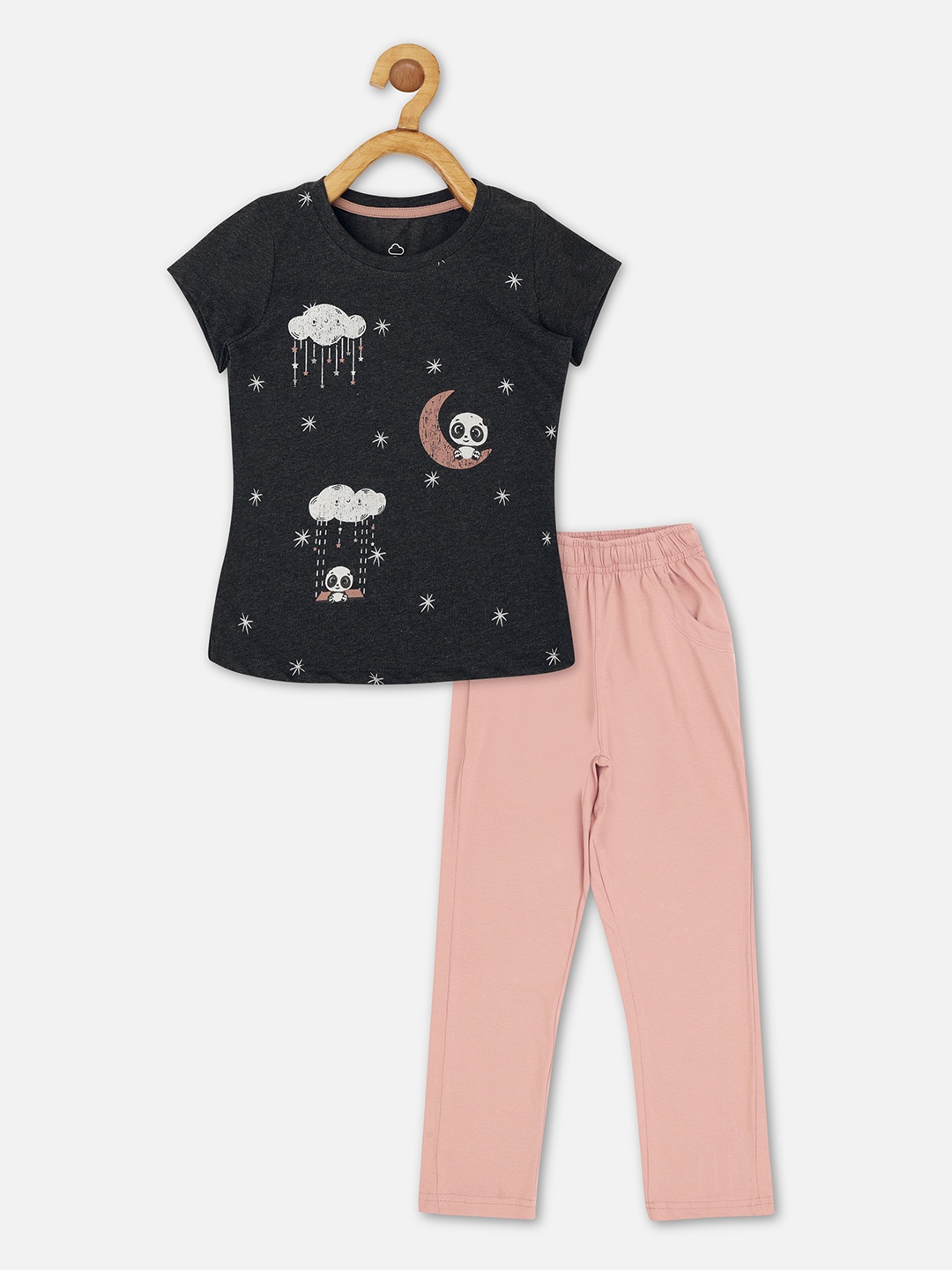

Sweet Dreams Girls Charcoal & Pink Printed Night suit