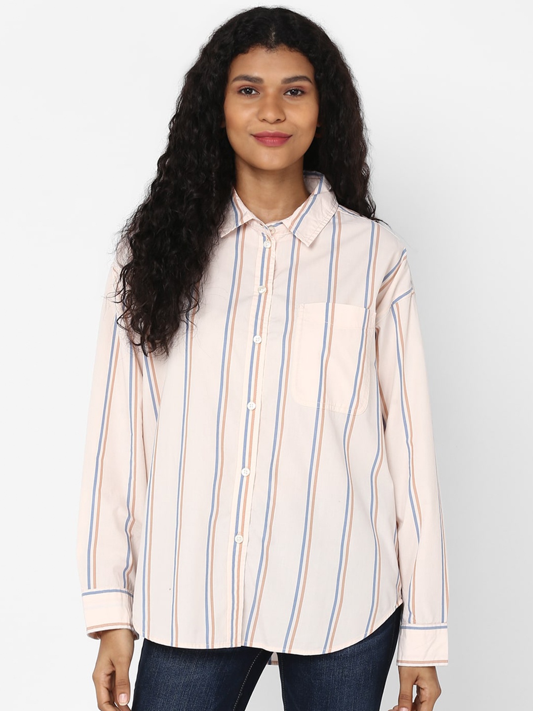 

AMERICAN EAGLE OUTFITTERS Women Pink & Blue Striped Pure Cotton Casual Shirt