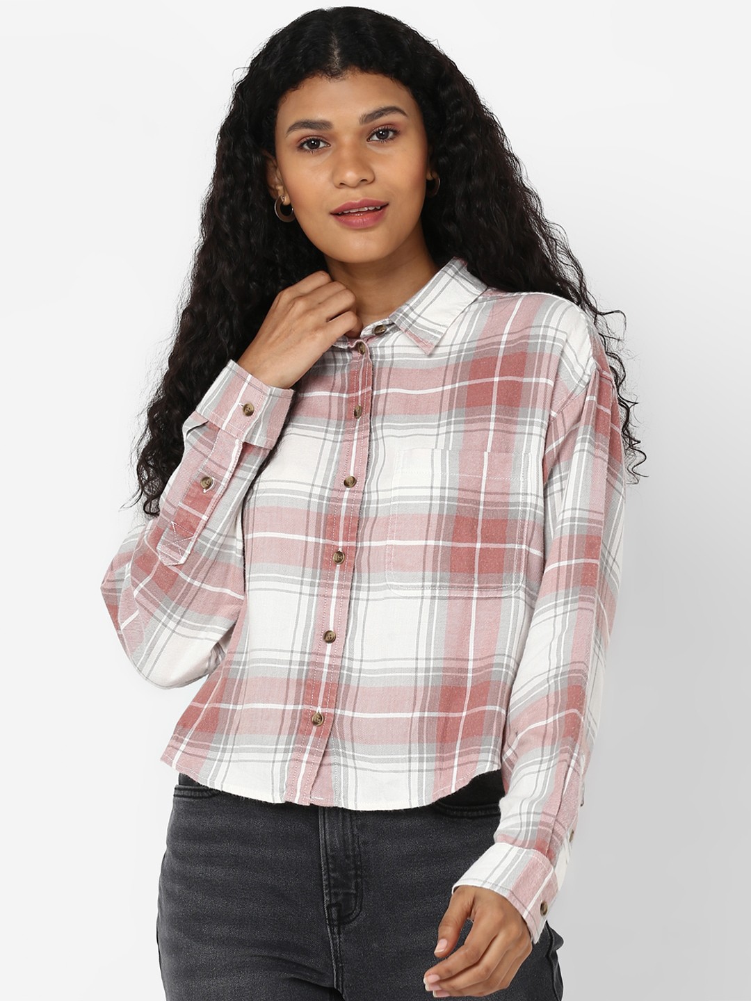 

AMERICAN EAGLE OUTFITTERS Women Red Tartan Checks Checked Casual Shirt