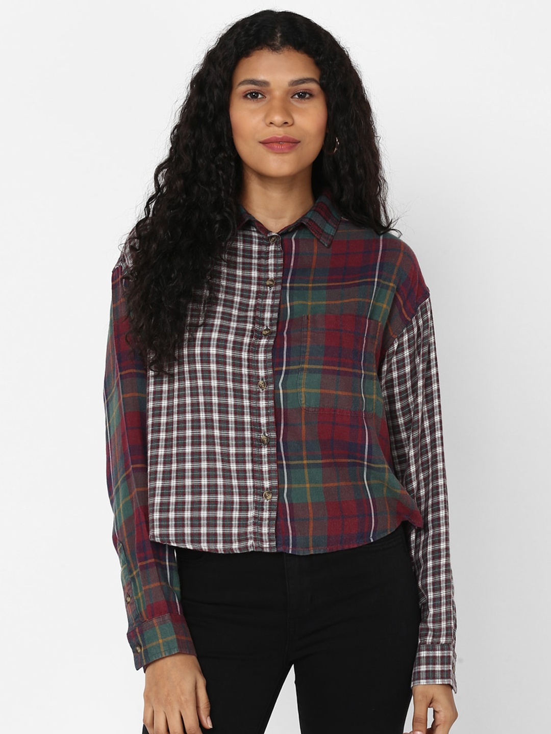 

AMERICAN EAGLE OUTFITTERS Women Brown & Green Checked Casual Shirt