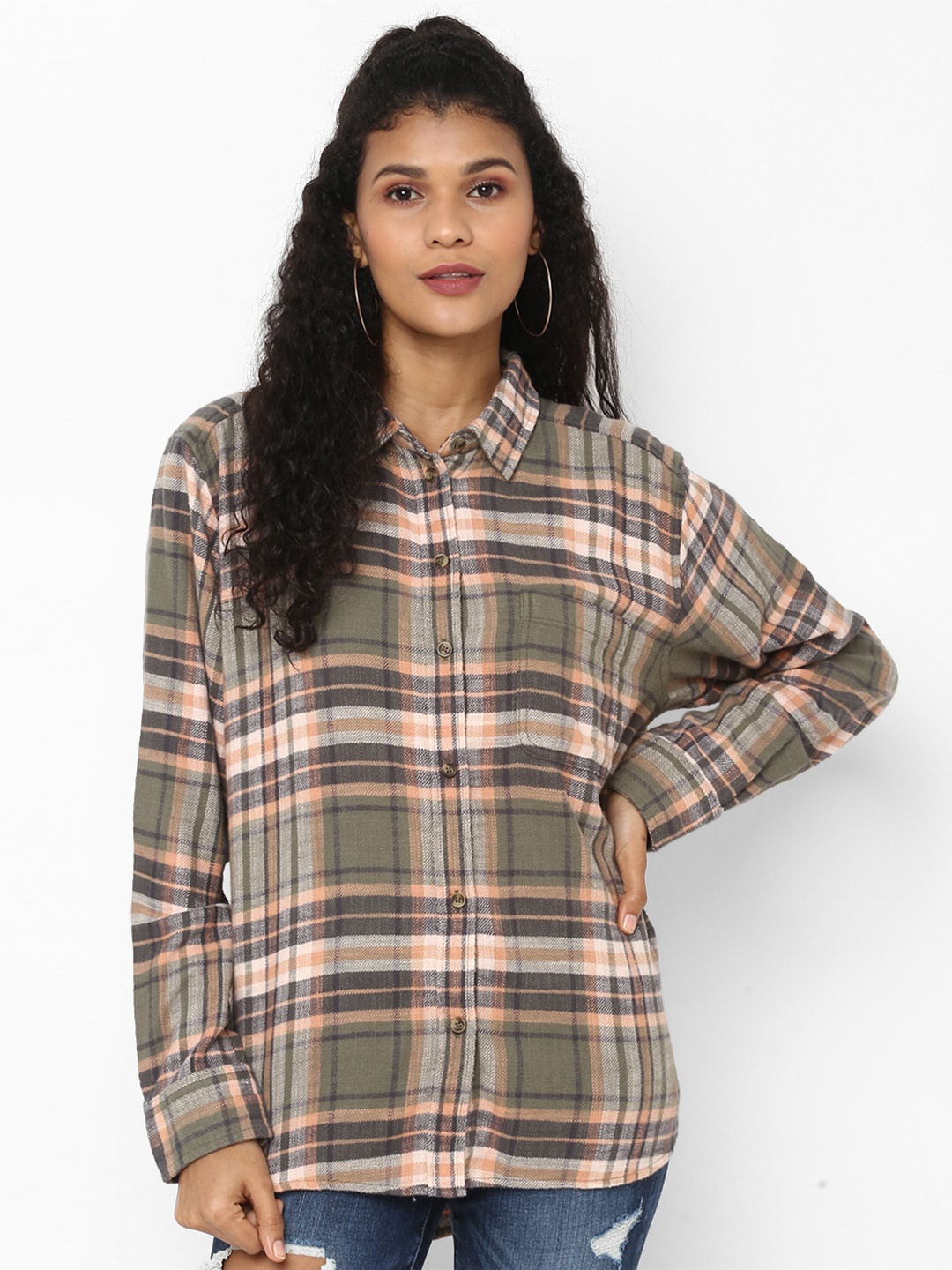 

AMERICAN EAGLE OUTFITTERS Women Green Tartan Checks Pure Cotton Casual Shirt
