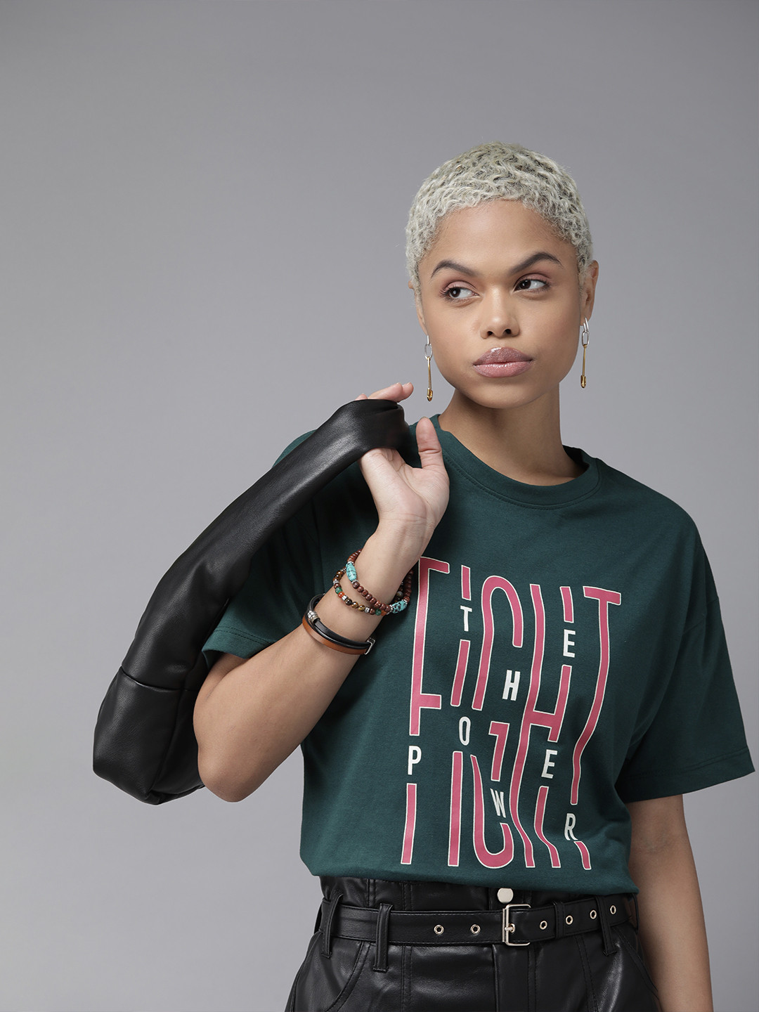 

Roadster Women Teal Blue Typography Print Round Neck Drop-Shoulder Sleeves Boxy T-shirt