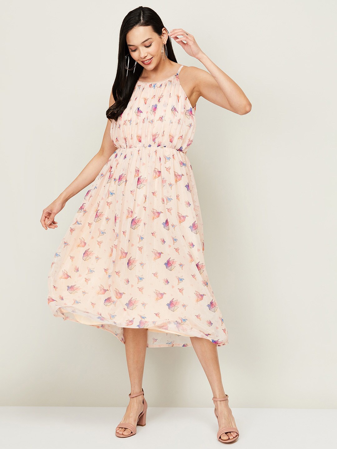 

Colour Me by Melange Beige & Pink Chiffon Midi Dress