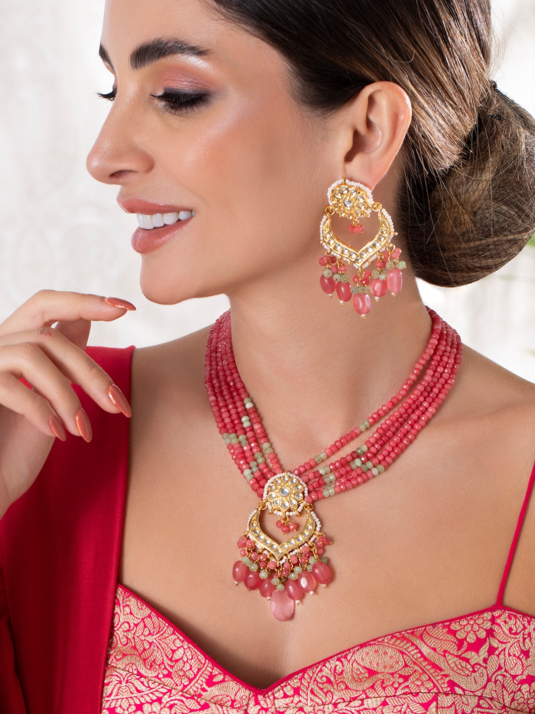 

Rubans Gold-Plated Red & White Kundan-Studded & Pearl Beaded Jewellery Set