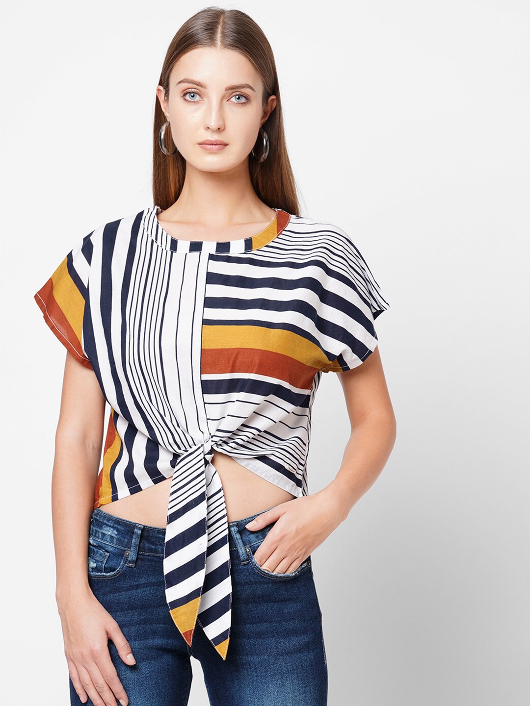 

Pepe Jeans White & Black Striped Extended Sleeves Crop Top