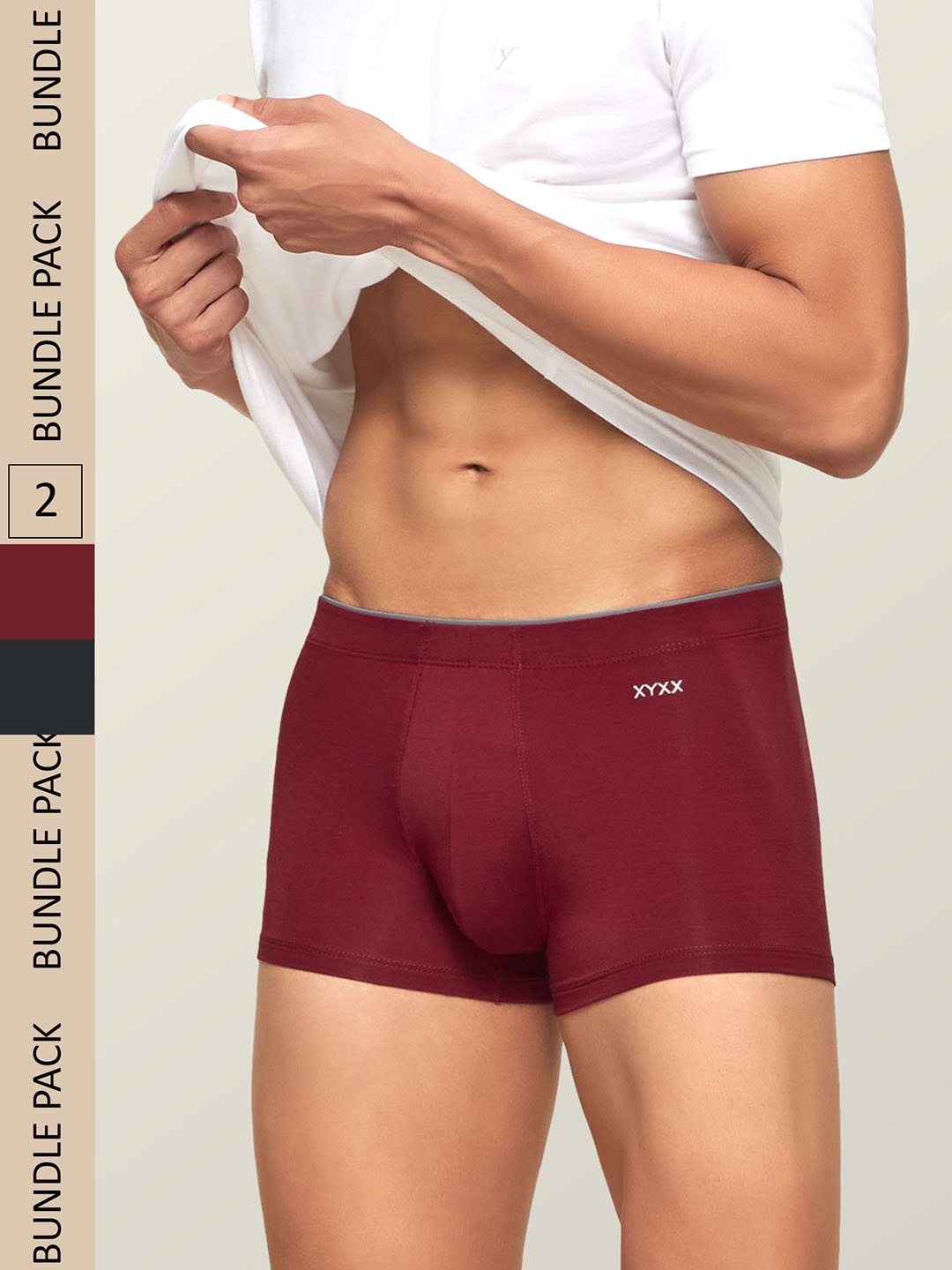 

XYXX Men Pack Of 2 Charcoal & Maroon Solid Antimicrobial Trunks XYTRNK2PCKN382