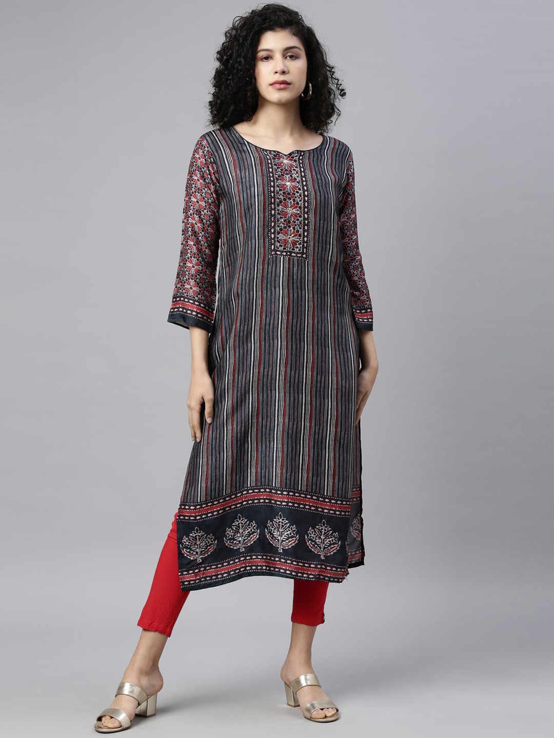 

Neerus Women Grey & Red Striped Mirror Work Kurta