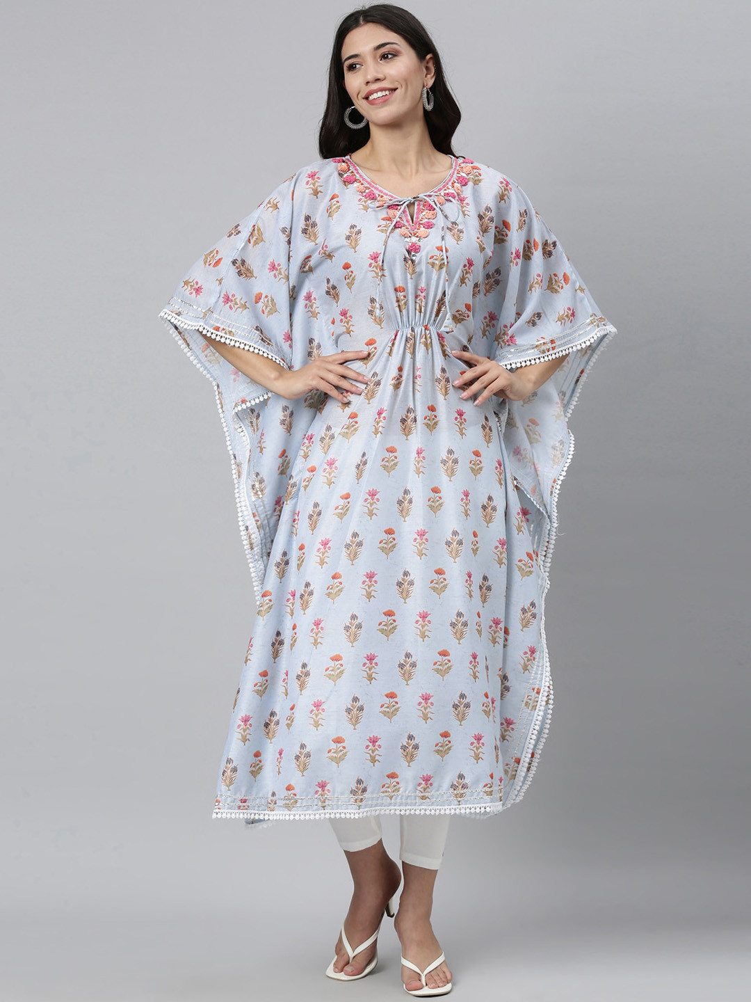 

Neerus Women Blue Floral Printed Flared Sleeves Floral Kaftan Kurta