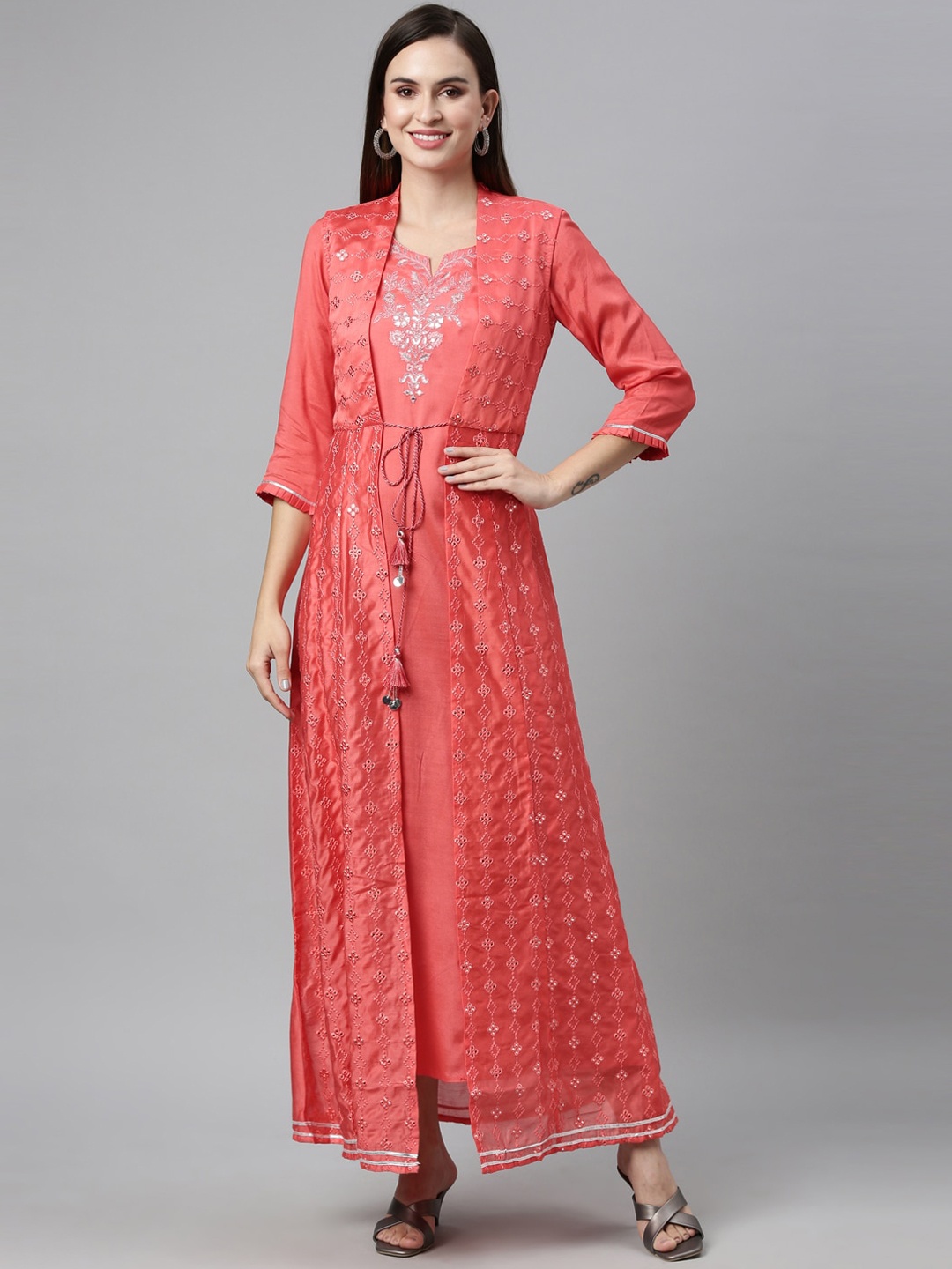 

Neerus Pink Ethnic Maxi Dress with Jacket