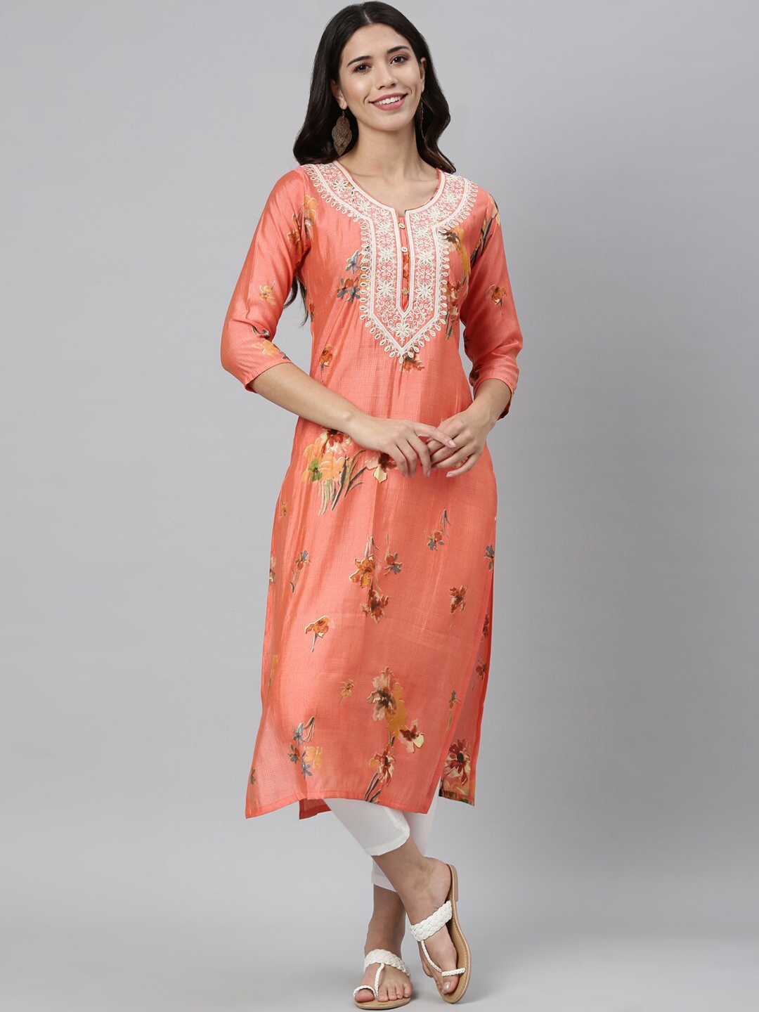 

Neerus Women Orange Floral Embroidered Floral Kurta