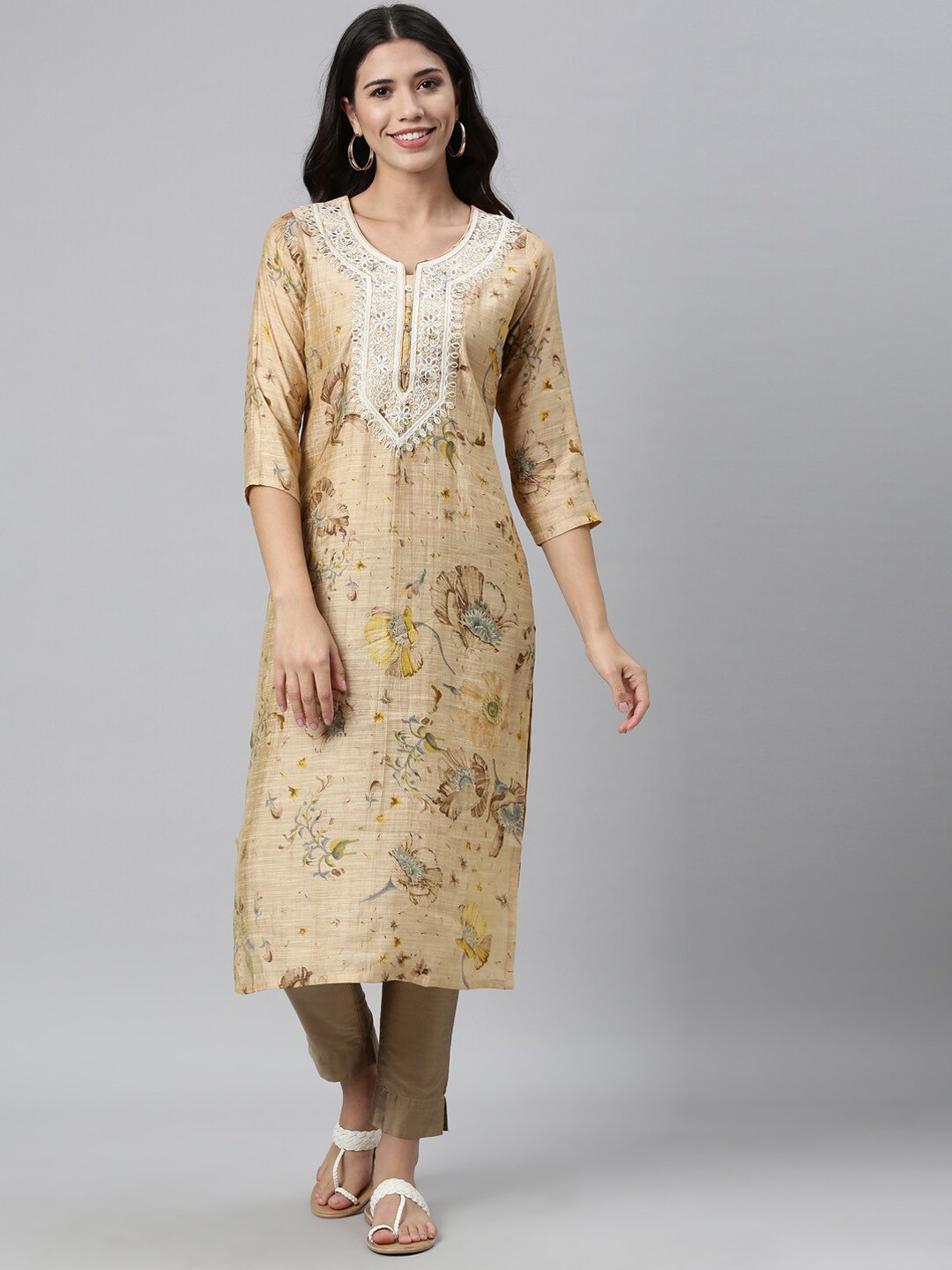

Neerus Women Beige Floral Printed Thread Work Floral Kurta