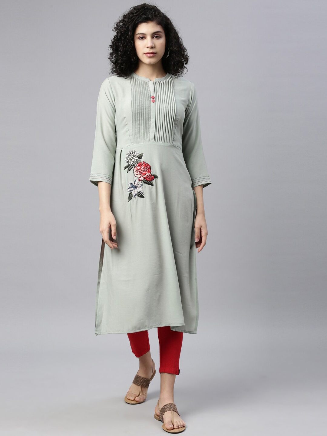 

Neerus Women Olive Green Patchwork Kurta