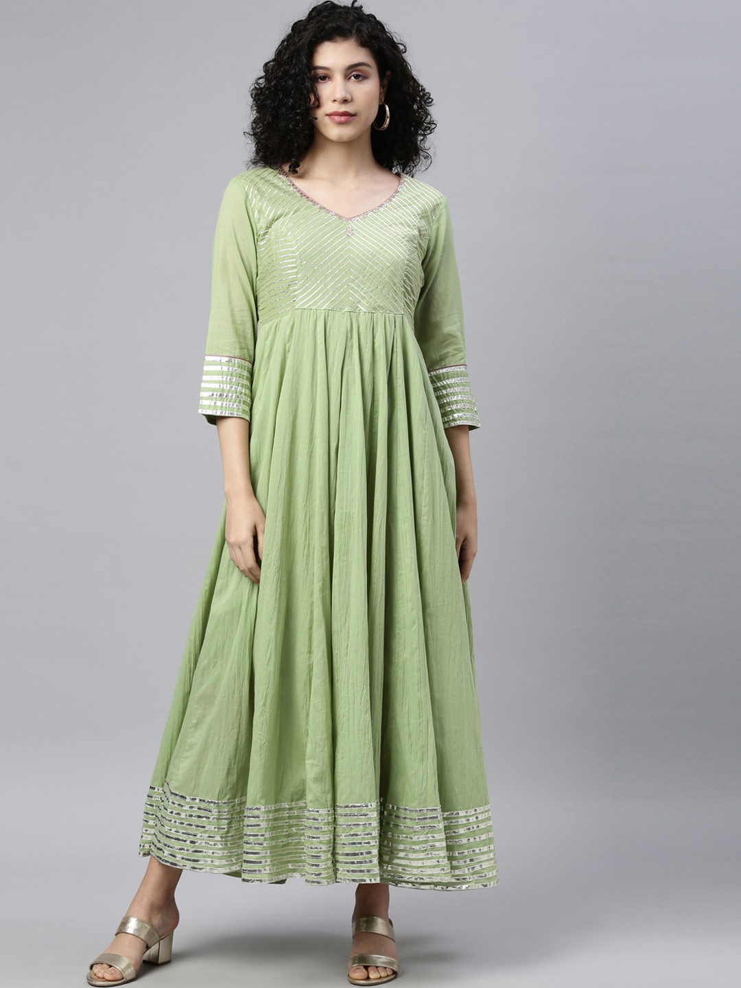 

Neerus Olive Green Gotta Patti Ethnic Maxi Dress