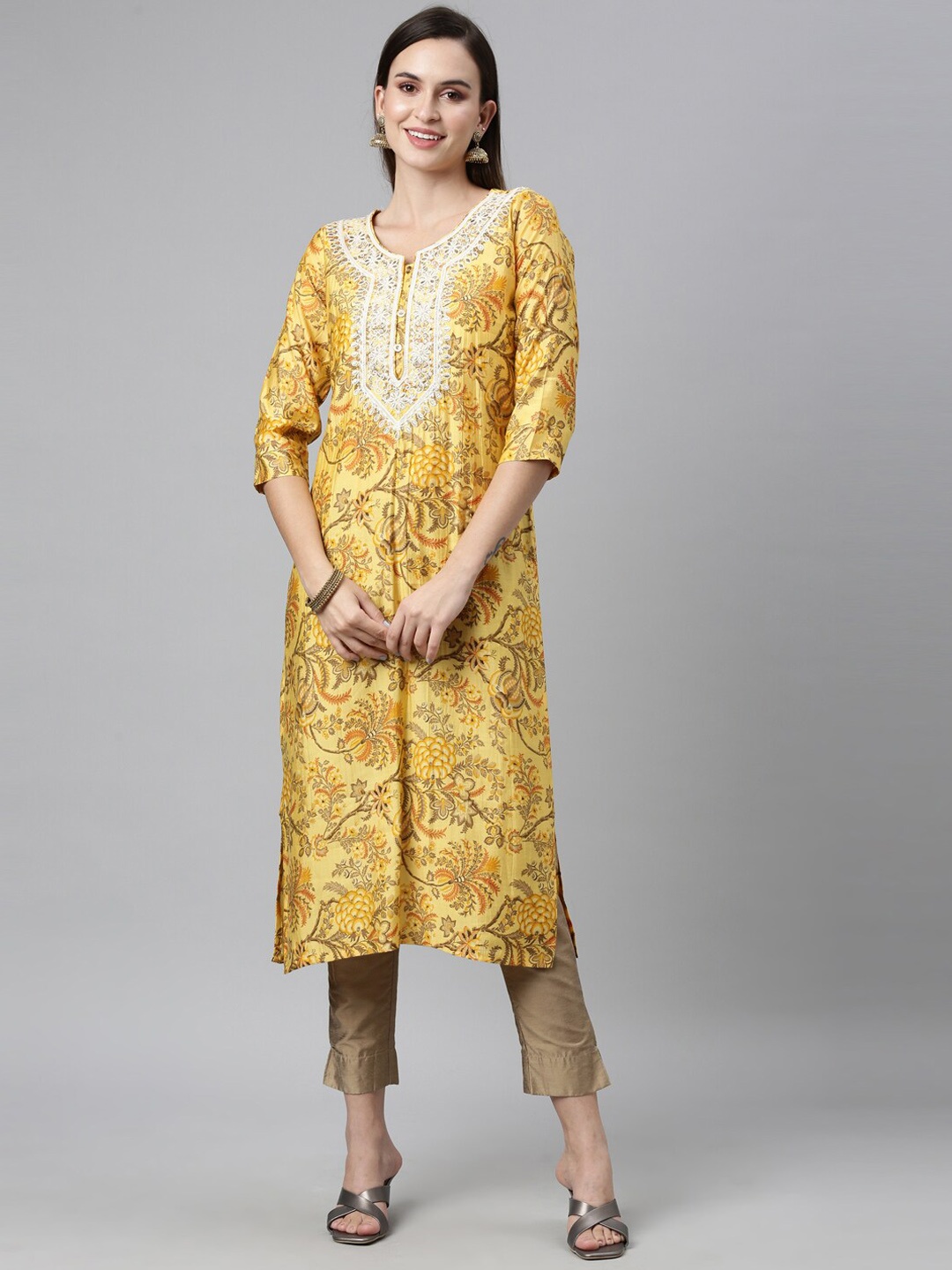 

Neerus Women Yellow Floral Printed Thread Work Floral Kurta