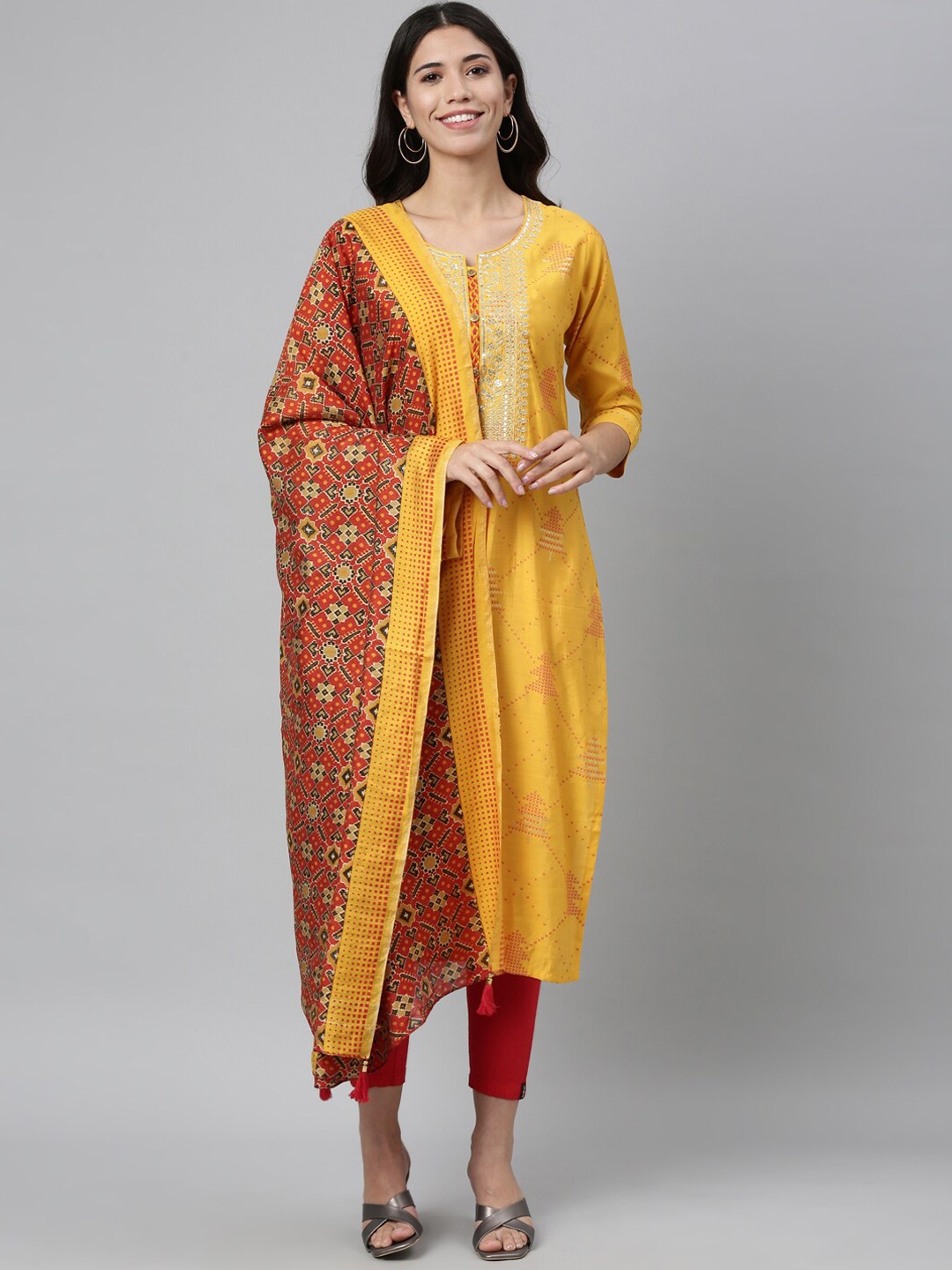 

Neerus Women Mustard Yellow Ethnic Motifs Embroidered Floral Kurta with Dupatta