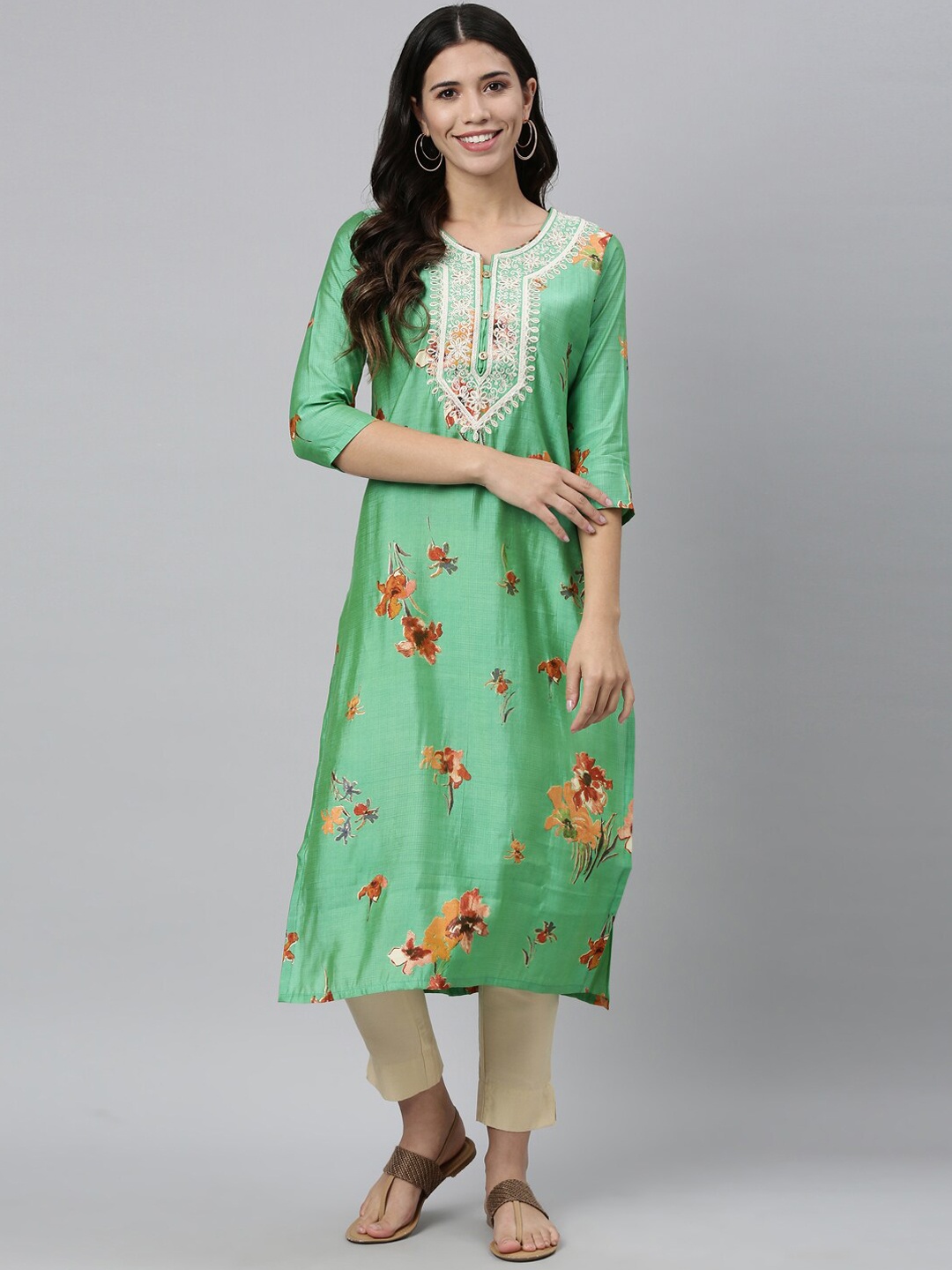 

Neerus Women Sea Green Floral Printed Floral Kurta