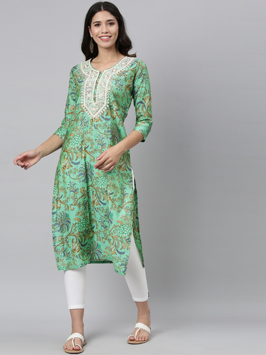 

Neerus Women Green Ethnic Motifs Printed Floral Kurta